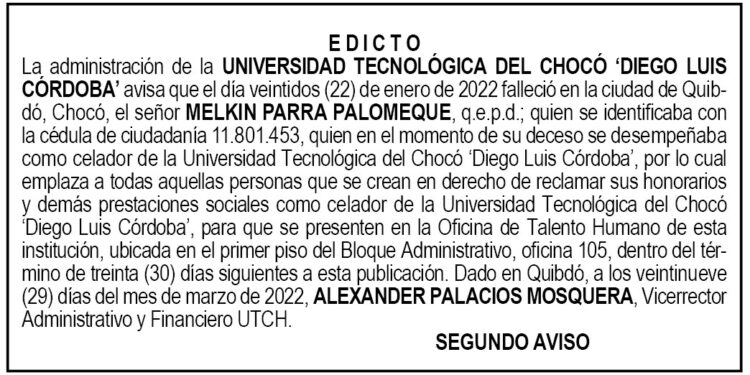 Edicto 2do. aviso Melkin Parra Palomeque