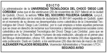 Edicto 2do. aviso Yira del Socorro Figueroa Gamboa