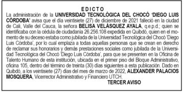 Edicto 3er. aviso Belisa Velásquez Ayala