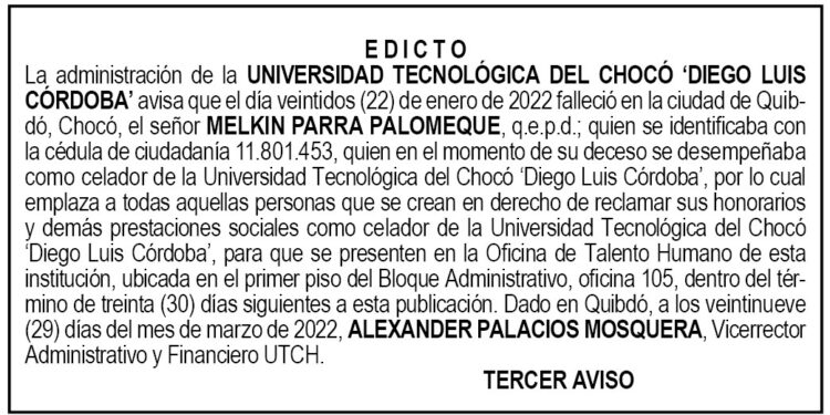 Edicto 3er. aviso Melkin Parra Palomeque