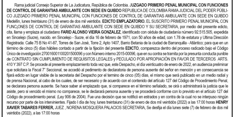 Edicto Emplazatorio Farid Alonso Vieira González