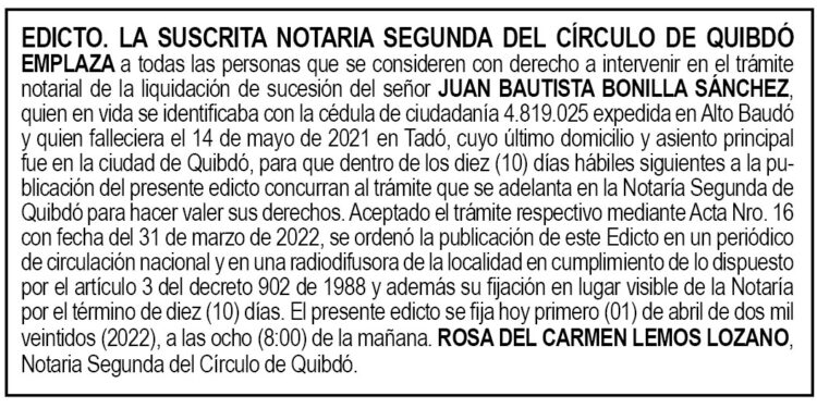 Edicto Juan Bautista Bonilla Sánchez