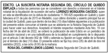 Edicto Lorenzo Mosquera Caicedo