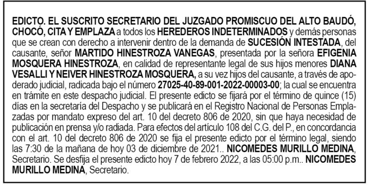 Edicto Martido Hinestroza Vanegas