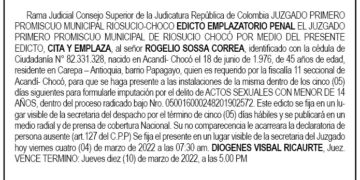 Edicto Emplazatorio Rogelio Sossa Correa