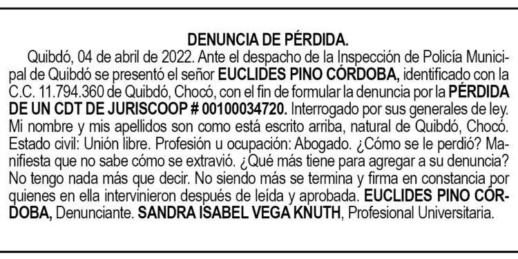Pérdida CDT Euclides Pino