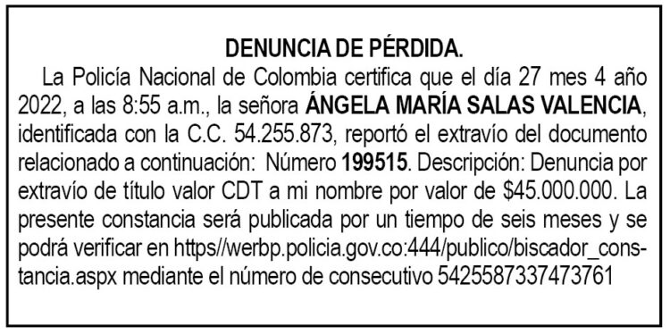 Pérdida CDT Ángela María Salas Valencia