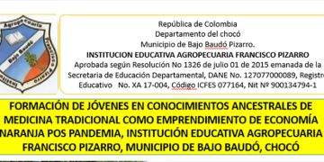 I. E. Agropecuaria Francisco Pizarro, Bajo Baudó: Formación de jóvenes en conocimientos ancestrales de medicina tradicional como emprendimiento de economía naranja pos pandemia