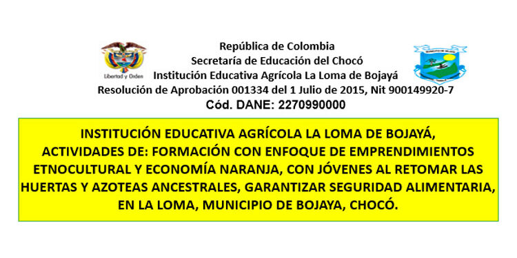Institución Educativa Agrícola La Loma de Bojayá, formación con enfoque de emprendimientos etnocultural y economía naranja, con jóvenes al retomar las huertas y azoteas ancestrales, garantizar seguridad alimentaria en La Loma, municipio de Bojayá, Chocó.