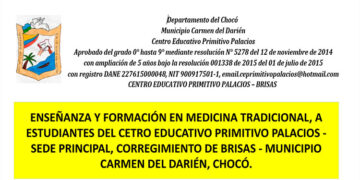 Enseñanza y Formación en Medicina Tradicional a estudiantes del Centro Educativo Primitivo Palacios, sede principal, corregimiento de Brisas, Municipio Carmen del Darién, Chocó