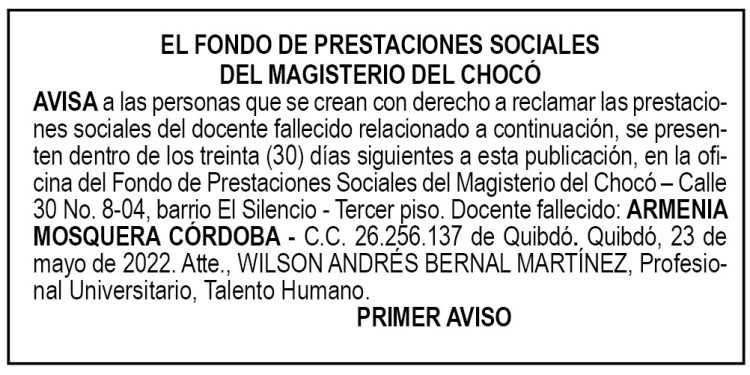 Edicto 1er. aviso Armenia Mosquera Córdoba