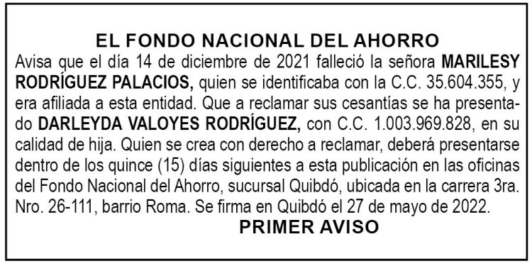 Edicto 1er. aviso Marilesy Rodríguez Palacios