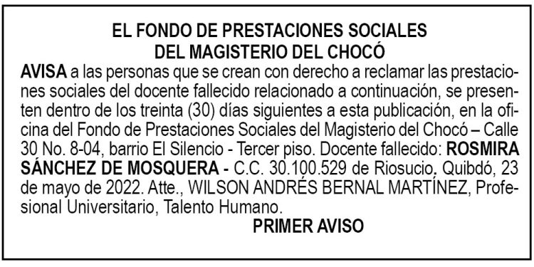 Edicto 1er. aviso Rosmira Sánchez de Mosquera