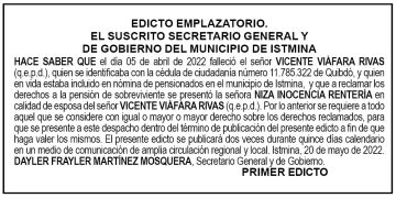 Edicto 1er. aviso Vicente Viáfara Rivas