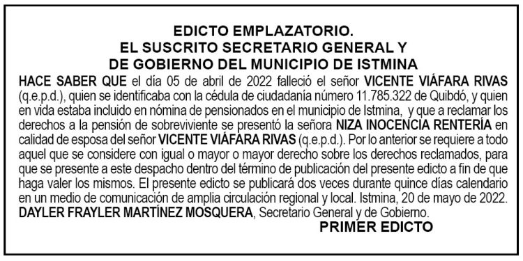 Edicto 1er. aviso Vicente Viáfara Rivas