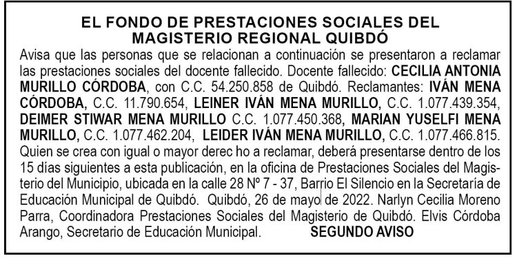 Edicto 2do. aviso Cecilia Antonia Murillo Córdoba