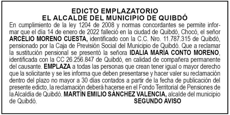 Edicto 2do aviso Arcelio Moreno Cuesta