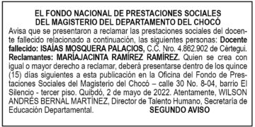Edicto 2do. aviso Isaías Mosquera Palacios