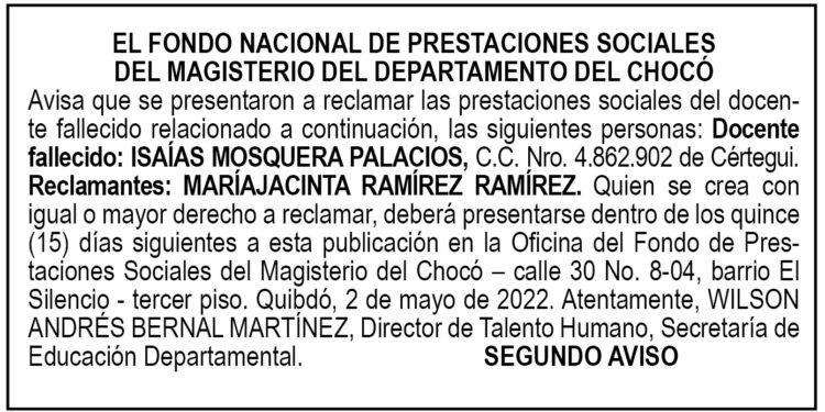 Edicto 2do. aviso Isaías Mosquera Palacios