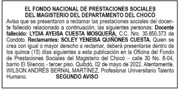 Edicto 2do. aviso Lydia Ayeisa Cuesta Mosquera