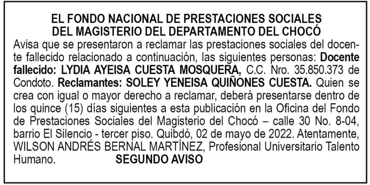 Edicto 2do. aviso Lydia Ayeisa Cuesta Mosquera