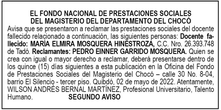 Edicto 2do. aviso María Elmira Mosquera Hinestroza