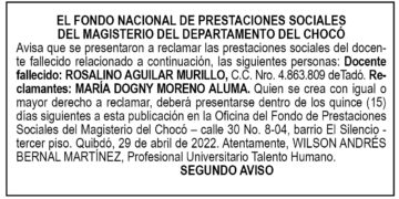 Edicto 2do. aviso Rosalino Aguilar Murillo