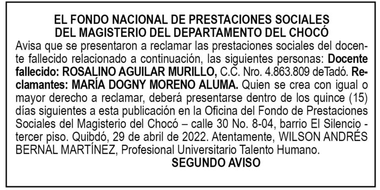 Edicto 2do. aviso Rosalino Aguilar Murillo