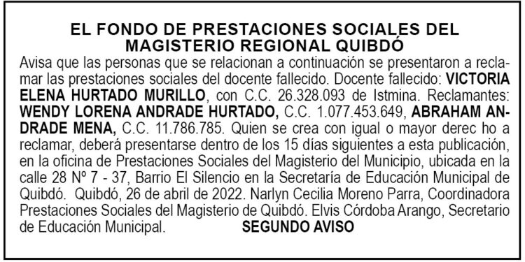 Edicto 2do. aviso Victoria Elena Hurtado Murillo