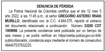 Pérdida CDT Gregorio Asterio Rivas Murillo