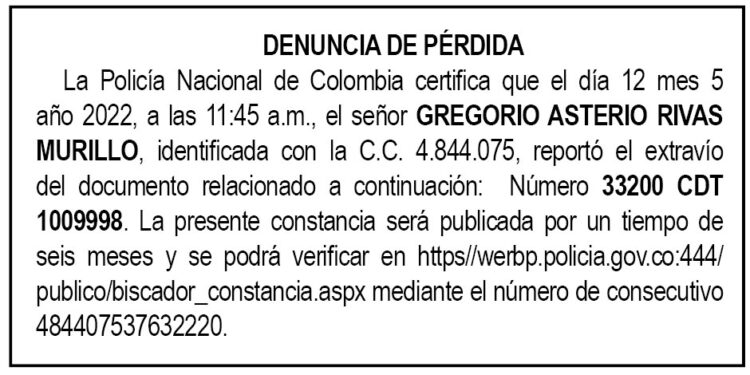 Pérdida CDT Gregorio Asterio Rivas Murillo