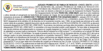 Edicto 3er. aviso. Presunción de muerte por desaparecimiento.