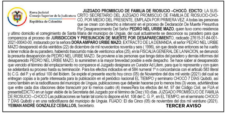 Edicto 3er. aviso. Presunción de muerte por desaparecimiento.