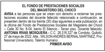 Edicto 1er. aviso Antonia Rivas Mosquera