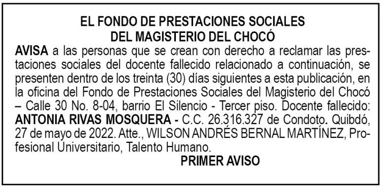 Edicto 1er. aviso Antonia Rivas Mosquera