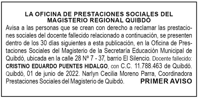Edicto 1er. aviso Cristino Eduardo Puentes Hidalgo