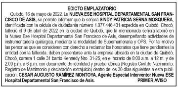 Edicto 1er. aviso Sindy Patricia Serna Mosquera