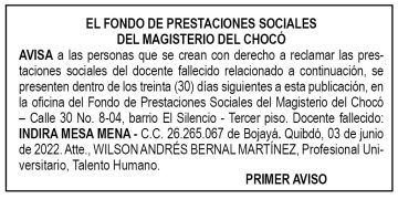 Edicto 1er. aviso Indira Mesa Mena