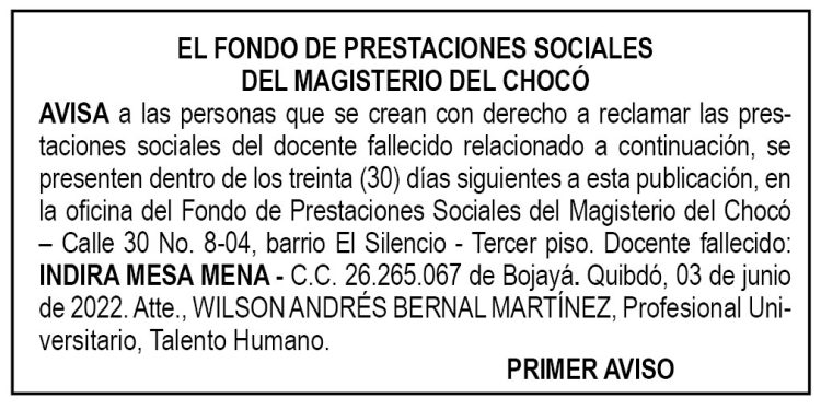Edicto 1er. aviso Indira Mesa Mena