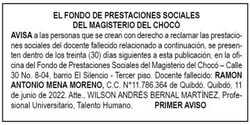 Edicto 1er. aviso Ramón Antonio Mena Moreno
