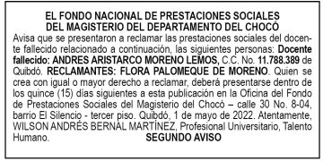 Edicto 2do. aviso Andrés Aristarco Moreno Lemos