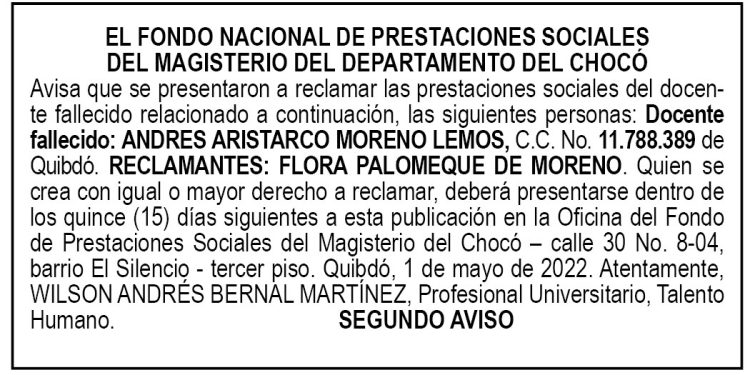 Edicto 2do. aviso Andrés Aristarco Moreno Lemos