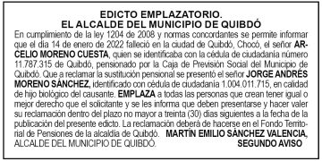 Edicto 2do. aviso Arcelio Moreno Cuesta