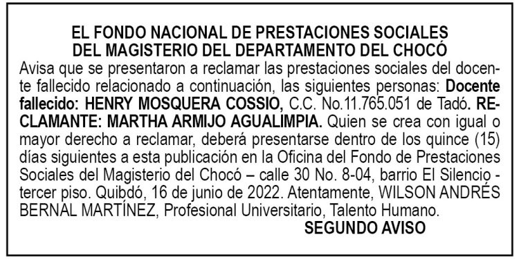 Edicto 2do. aviso Henry Mosquera Cossio
