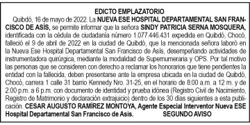 Edicto 2do. aviso Sindy Patricia Serna Mosquera