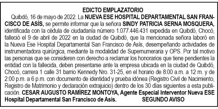 Edicto 2do. aviso Sindy Patricia Serna Mosquera