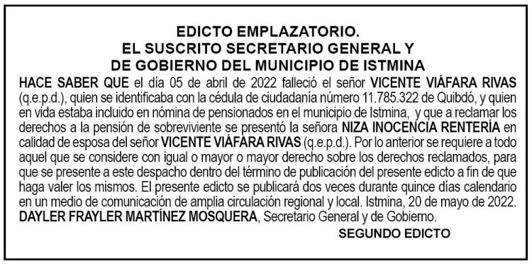 Edicto 2do. aviso Vicente Viáfara Rivas