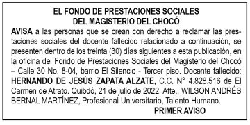 Edicto 1er. aviso Hernando de Jesús Zapata Alzate