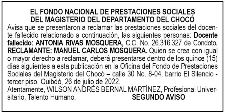 Edicto 2do. aviso Antonia Rivas Mosquera