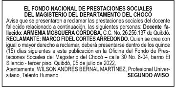 Edicto 2do. aviso Armenia Mosquera Córdoba
